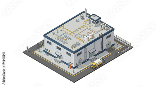 Isometric illustration of a modern industrial building with a delivery truck outside