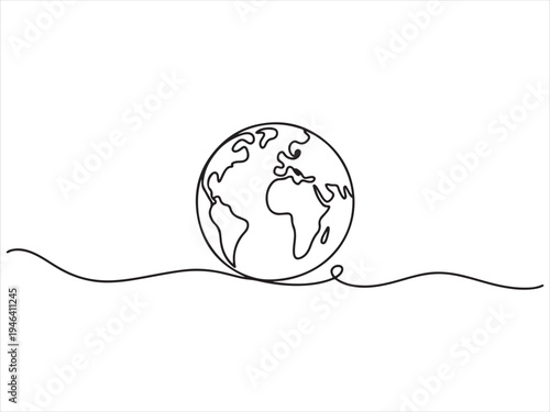 One continuous line art drawing of planet earth globe world map atlas on isolated white background. Earth globe continuous line drawing vector illustration