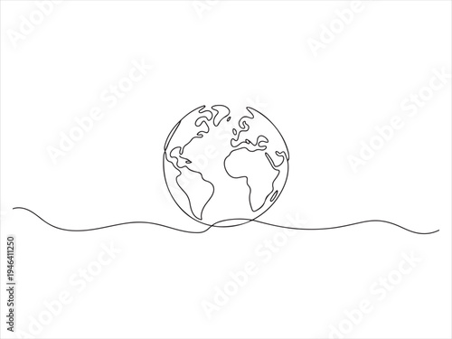 One continuous line art drawing of planet earth globe world map atlas on isolated white background. Earth globe continuous line drawing vector illustration
