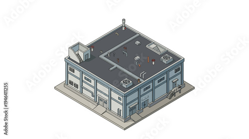Isometric illustration of a commercial warehouse building with rooftop mechanical equipment and a loading dock area