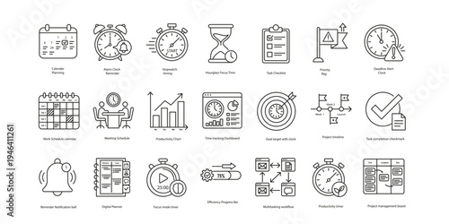  Time Management and Productivity Line Icons Set, Task Planning, Calendar Schedule, Deadline Reminder, Focus Timer, Project Timeline, Workflow Management, Business Productivity Outline Icons