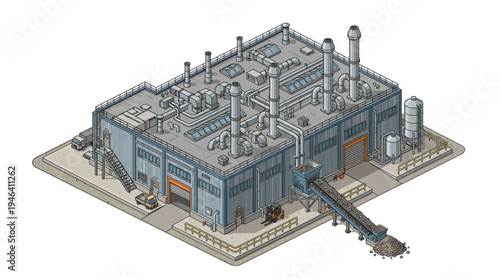 Industrial factory building with loading dock and conveyor belt, illustrating manufacturing and production processes