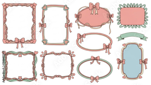 Various decorative frames and borders with ribbons on a white background