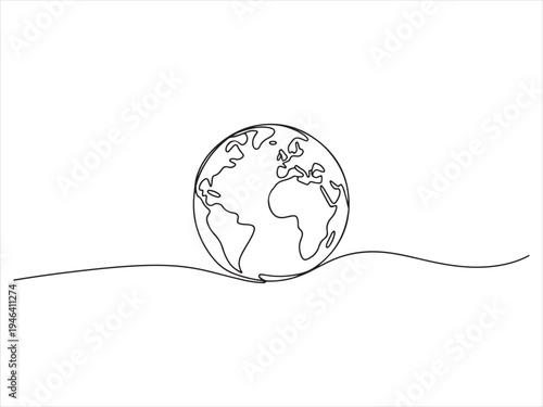 One continuous line art drawing of planet earth globe world map atlas on isolated white background. Earth globe continuous line drawing vector illustration