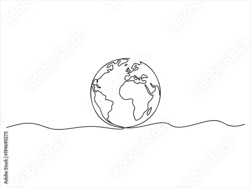 One continuous line art drawing of planet earth globe world map atlas on isolated white background. Earth globe continuous line drawing vector illustration