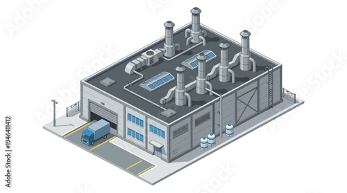 Isometric illustration of a modern industrial factory building with loading dock and delivery truck, showcasing production and manufacturing operations