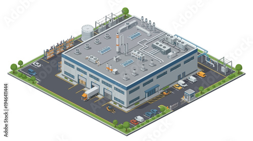 Isometric view of a modern industrial warehouse with loading docks, delivery trucks, and a parking lot filled with vehicles