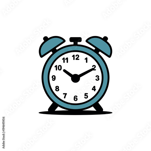 Classic blue alarm clock featuring two bells on white background