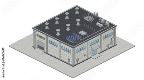 Isometric View of a Modern Industrial Building with Solar Panels and Loading Dock