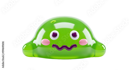 Cute Green Slime Character with Big Eyes and Pink Cheeks
