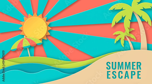 Vibrant layered paper cut illustration depicting a serene summer beach escape with bright sun, relaxing umbrella, tall palm trees, and rolling ocean waves