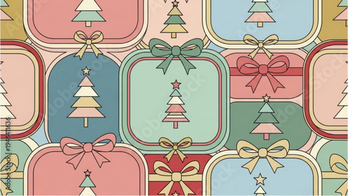 Colorful Christmas presents and trees in festive holiday wrapping paper