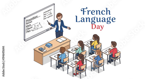 Illustration of a teacher and students celebrating French Language Day in a classroom setting with educational elements.