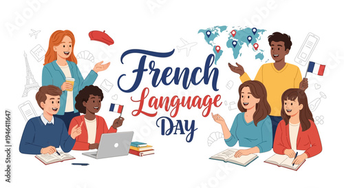 Illustration of diverse people celebrating French Language Day with laptops and books in a colorful design.