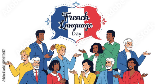 Illustration of diverse people celebrating French Language Day with a colorful design and international awareness theme.