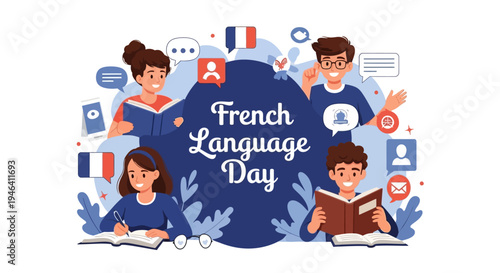 Illustration of people celebrating French Language Day with a design that includes vector graphics and elements promoting international French language awareness and education.