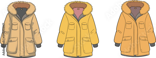Three beige coats with fur hoods and multiple pockets standing upright