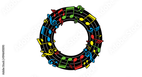 Colorful music notes in circle.