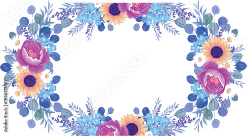 Asked to explain the image of a decorative card containing a floral design. Unlike the previous description of the pale blue leaves, this card has a floral border with a blank center, a white backgrou