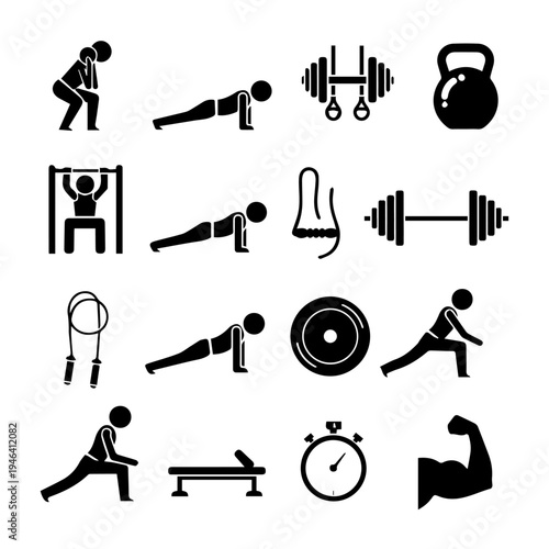 Comprehensive set of monochromatic vector icons for fitness, sports, and workout activities including gym equipment and exercises