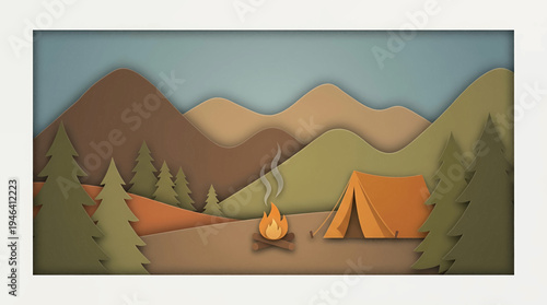 Whimsical paper-cut illustration capturing the rustic charm of a mountain campsite, complete with a cozy tent, burning campfire, and majestic layered peaks, symbolizing outdoor adventure