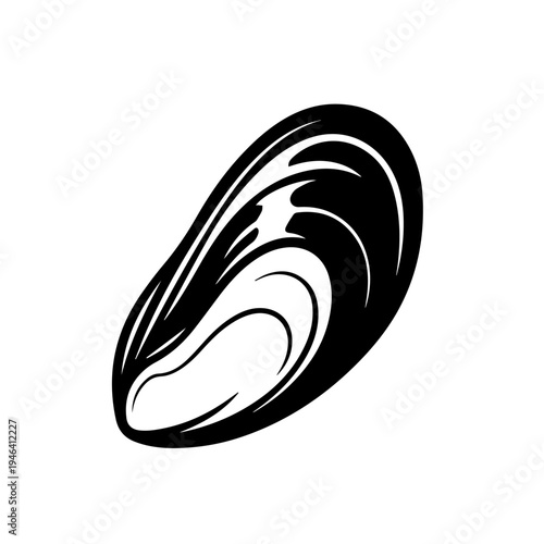 Monochrome mussel shell icon representing fresh seafood and marine life