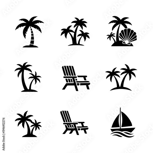 Diverse Vector Silhouettes for Tropical Beach Vacations and Summer Travel Icons Collection
