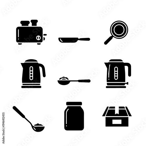 Set of black silhouette icons representing kitchenware and cooking concepts