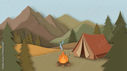 Serene paper cut illustration of a tranquil mountain camping scene, featuring a cozy tent and a warm campfire under a layered sky, inviting outdoor adventure and peaceful escape
