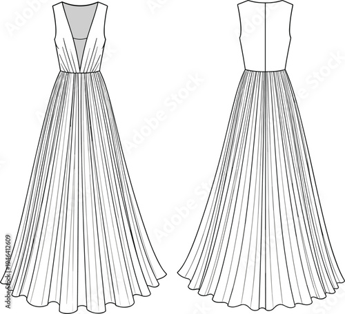 Cad drawing flat vector illustration of sleeveless pleated maxi dress with deep V-neck front, flared hem, technical fashion sketch