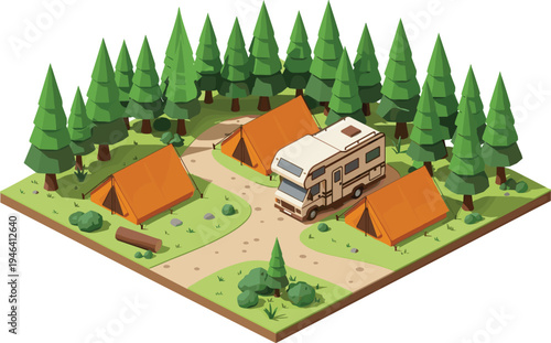 Isometric vector illustration of forest campsite with pine trees, tents, recreational vehicle, outdoor nature scene, camping adventure travel holiday design