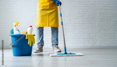 House Cleaning Service With Mop and Supplies