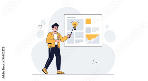 Man presenting idea on screen with lightbulb icon, business presentation concept