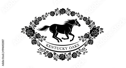 Black horse silhouette in floral wreath.