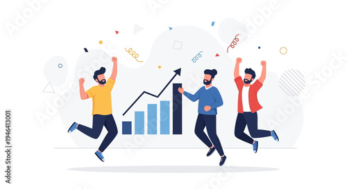 Successful business team celebrating growth with confetti and chart