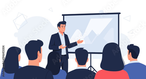 Business presentation with speaker and audience in a modern office setting