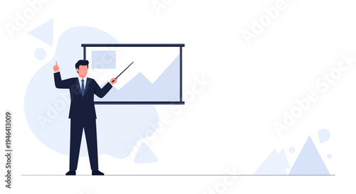 Businessman presenting financial chart on whiteboard, pointing with stick, business concept