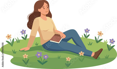 Young woman sitting on green grass surrounded by colorful flowers reading book