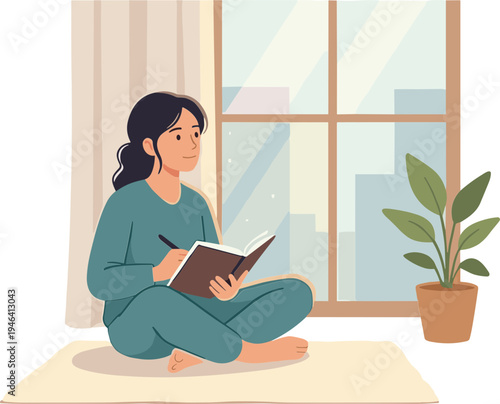 Woman sits cross-legged on a rug indoors reading a book near a plant by a window.