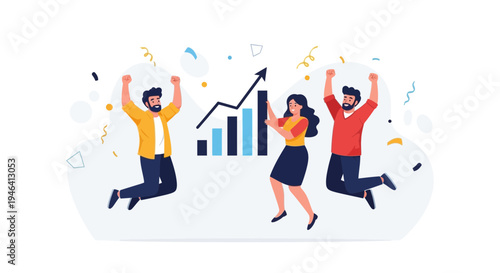 Happy Business Team Celebrating Success with Upward Graph and Confetti