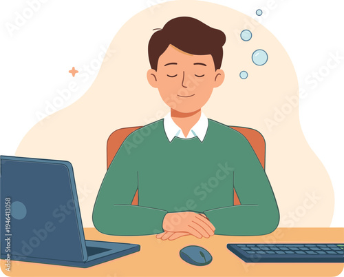 Man sitting at desk with laptop and thinking deeply about work