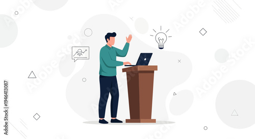 Man giving presentation with laptop and lightbulb idea icon
