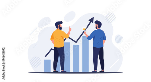 Two businessmen analyzing upward trending graph and charts, business growth concept