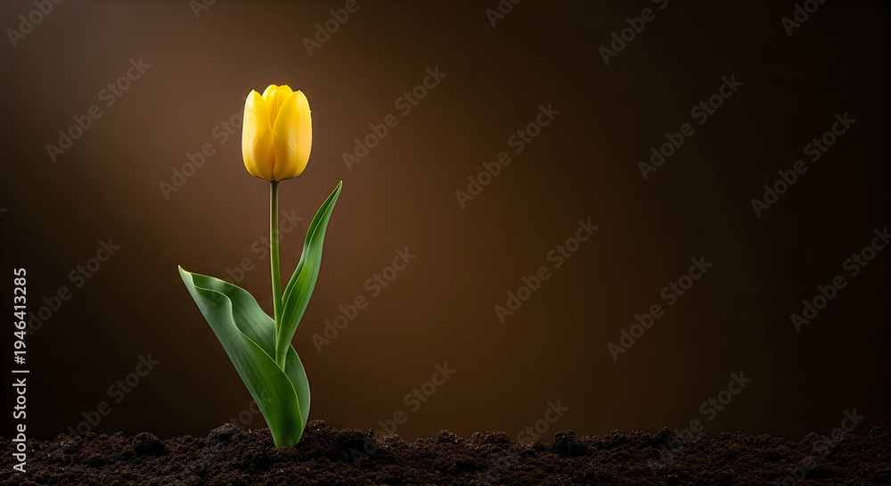 Obraz premium A single yellow tulip growing in dark soil with green leaves and a brown background