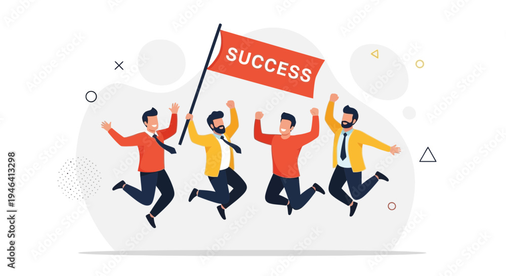 Fototapeta premium Team Celebrating Success Jumping with Flag