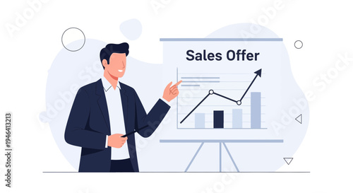 Businessman presenting sales offer with growing graph on whiteboard
