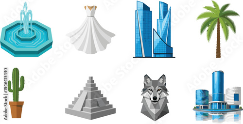 Vector illustration collection featuring fountain wedding dress skyscrapers palm tree cactus pyramid wolf head futuristic building cultural design elements