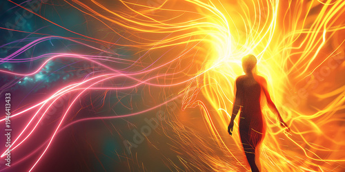 Human form flow wave luminous fractal energy radiate colorful light vibrant spectrum.