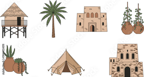 Vector illustration collection of diverse dwellings and plants including stilt house, desert building, stone architecture, tent, palm tree, succulents, hanging pots