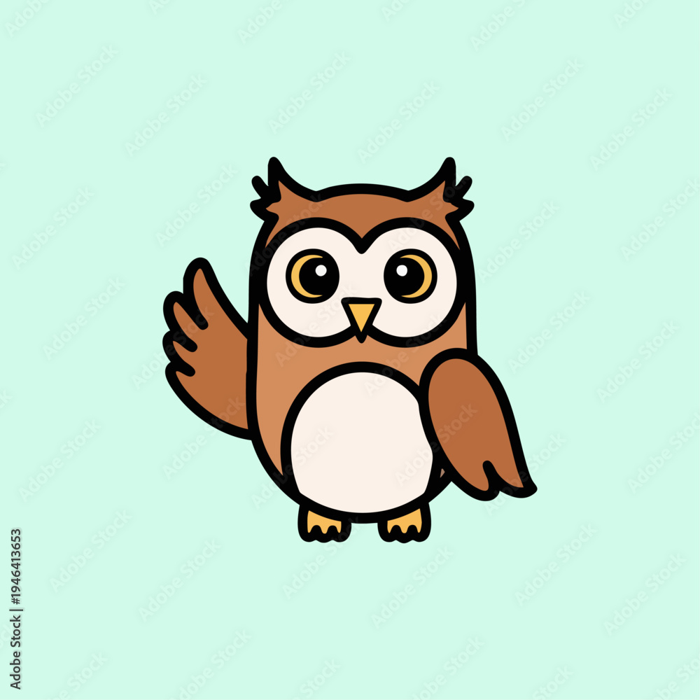 Obraz premium Cute brown cartoon owl character waving its wing.